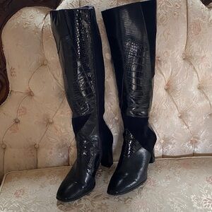VENUS Black Croc-Embossed Knee Boots with Block Heel 9M